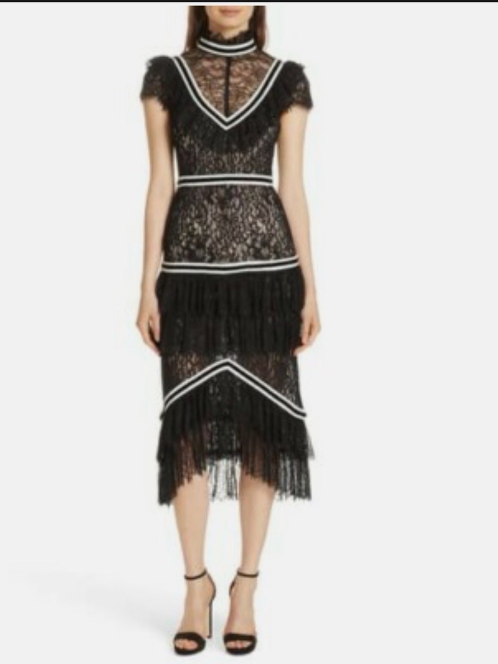 Alice + Olivia Black Lace Midi Dress with White Contrast Trim